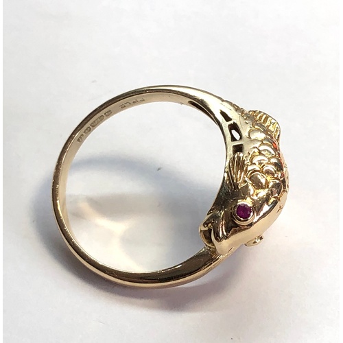 133 - Fish design with Ruby eyes 9ct gold dress ring weight 4.1g as shown good condition