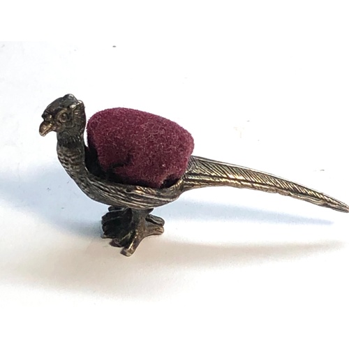 5 - Miniature silver pheasant pin cushion hallmarked 925 measures approx 47mm wide height 22mm, as shown... 