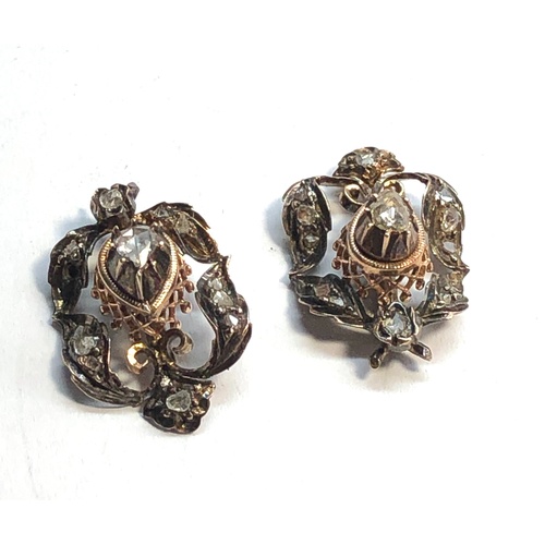 147 - Antique rose diamond earring for restoration missing backs each measures approx 22mm by 14mm gold wi... 