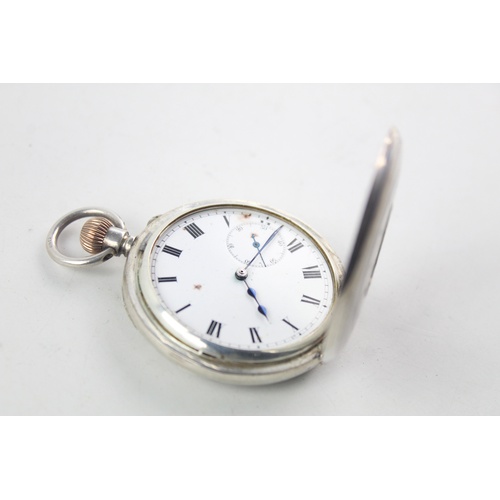 203 - Vintage Gents JW Benson stamped .925 sterling silver Half Hunter pocket watch hand-wind working w / ... 