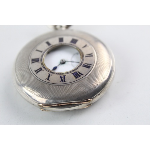 203 - Vintage Gents JW Benson stamped .925 sterling silver Half Hunter pocket watch hand-wind working w / ... 