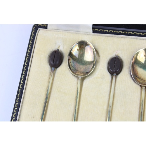 45 - Vintage Hallmarked .925 silver coffee Spoons  w/ enamel, coffee bean finials, associated case length... 