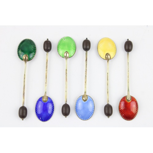 45 - Vintage Hallmarked .925 silver coffee Spoons  w/ enamel, coffee bean finials, associated case length... 