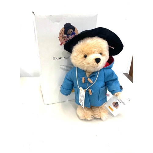 409 - Steiff Paddington bear with tags and suitcase no 01033, Blonde 29 cm tall. Complete with box. Has a ... 