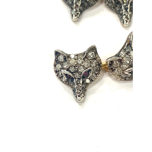 173 - Rose diamond ruby eyed fox head cufflinks, gold backed, silver front