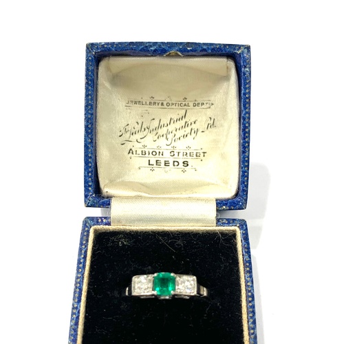 177 - Emerald and diamond ring, set in platinum, central emerald measures: 4mm by 4mm, set with diamond ei... 