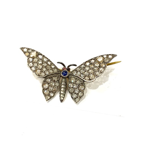 178 - diamond and sapphire butterfly brooch gold  back and silver front measures approx 44mm wide