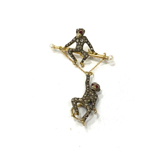 188 - Rose Diamond, monkey brooch, silver front, gold back, measures approximately at widest point: 37mm, ... 