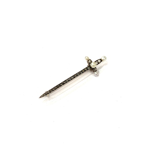 189 - Antique diamond and pearl sword brooch, in box, approximate measurements: 45mm, overall good conditi... 