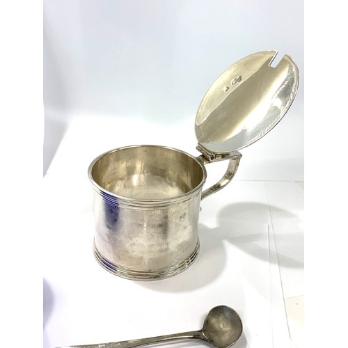 82 - Victorian mustard pot blue liner does have cracks and chip, large silver spoon, hallmarks to base of... 