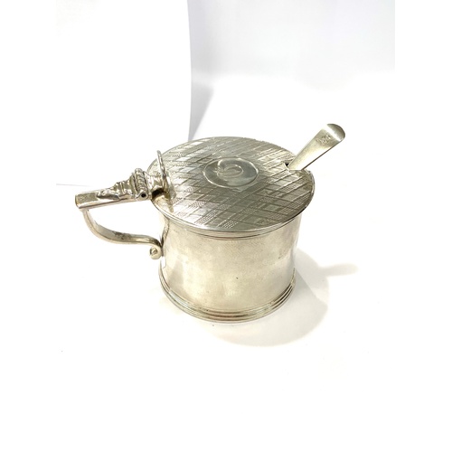 82 - Victorian mustard pot blue liner does have cracks and chip, large silver spoon, hallmarks to base of... 