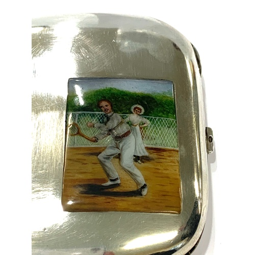 84 - Silver hallmarked cigarette case with enamel tennis scene, overall good antique condition., Surface ... 