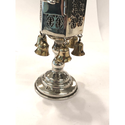 99 - Silver Havdalah / spice tower with flags, good overall antique condition, missing one bell. London s... 