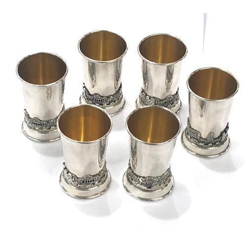 100 - Set six beakers with scene on base, Hallmarked 925, all measure approximately 58mm high, total overa... 