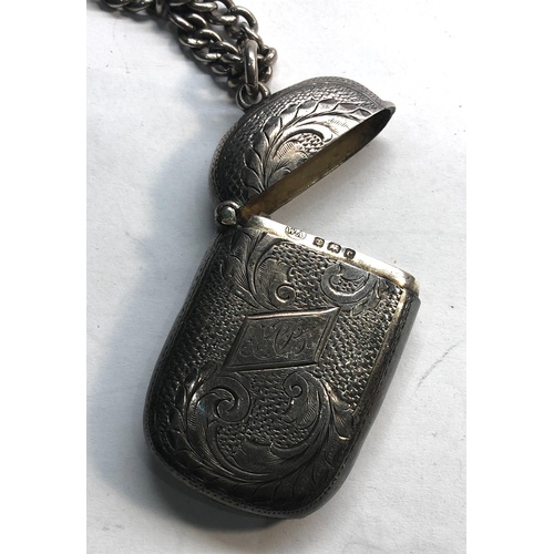 69 - antique silver vesta case and albert chain with fob dent to vesta as shown total weight 65g