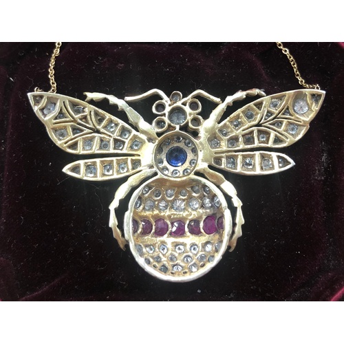 186 - Diamond, ruby, sapphire insect necklace, gold back silver front. Size is approx 50mm by 33mm, good o... 