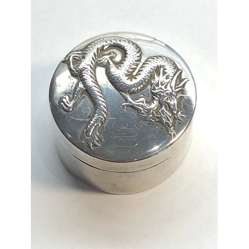 121 - Chinese silver lidded pot measures approx 47mm dia height 29mm age related marks and wear nick to ba... 