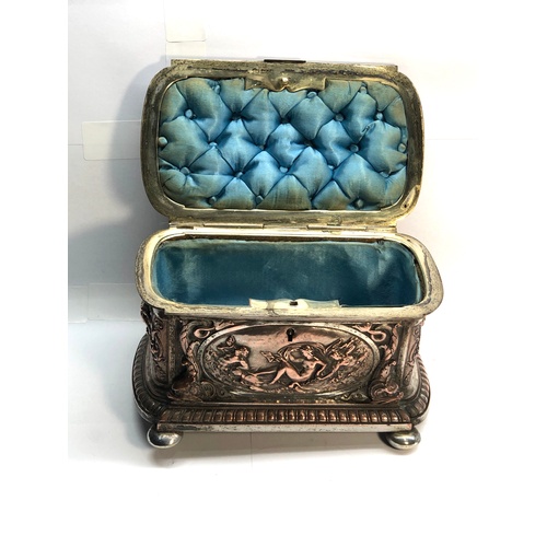 2 - Antique French silver gilt on copper scenic embossed panels Jewellery box casket with fitted interio... 