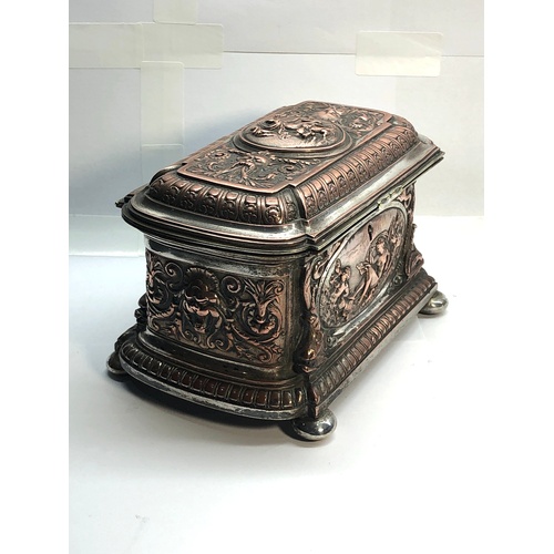 2 - Antique French silver gilt on copper scenic embossed panels Jewellery box casket with fitted interio... 