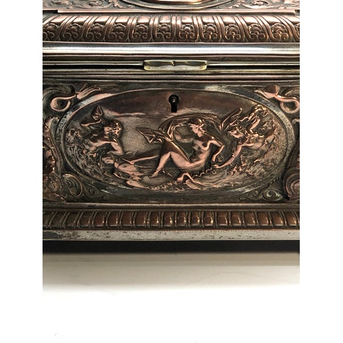 2 - Antique French silver gilt on copper scenic embossed panels Jewellery box casket with fitted interio... 