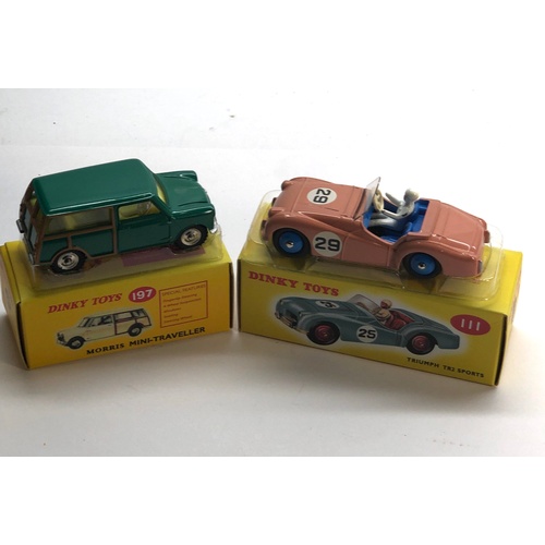 465 - 2 Dinky Car Reissues 197 Morris mini traveller and 111 triumph tr2 sports   please see images for co... 