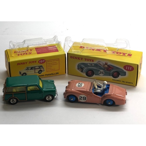 465 - 2 Dinky Car Reissues 197 Morris mini traveller and 111 triumph tr2 sports   please see images for co... 