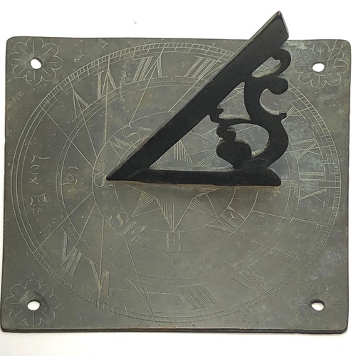 396 - Old bronze sun dial measures approx 6ins sq engraved 1671 lux Es please see images for condition