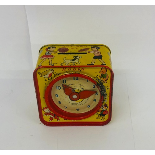 25 - Vintage chad valley money box, clock toy