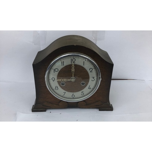 21 - Oak cased 2 key hole mantle clock with pendulum and key