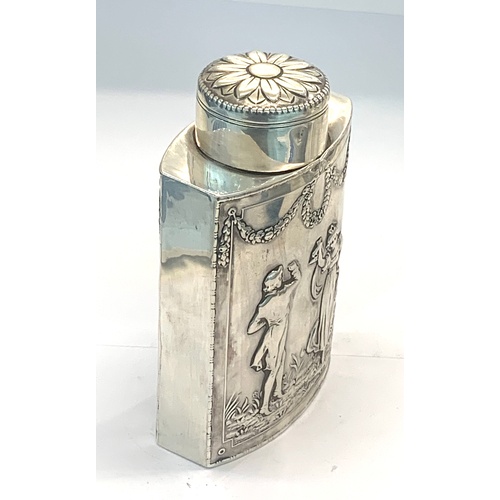 45 - Antique Dutch silver tea caddy embossed courting 
couple panels weight 173g good un-cleaned conditio... 