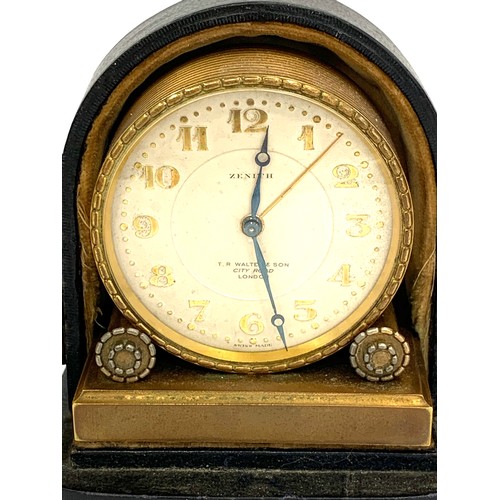 392A - Antique cased Zenith travel alarm clock by T.R.Walter & Son city road London clock winds and ticks b... 