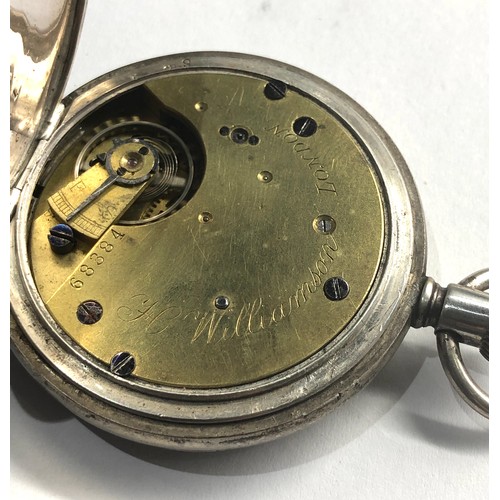 302 - Antique silver full hunter pocket watch h.williamson 
london watch winds and ticks missing glassbut ... 