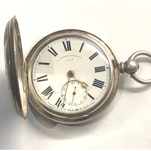 303 - Antique full hunter silver fusee pocket watch T.Jones Sydney watch winds and ticks but no warranty g... 