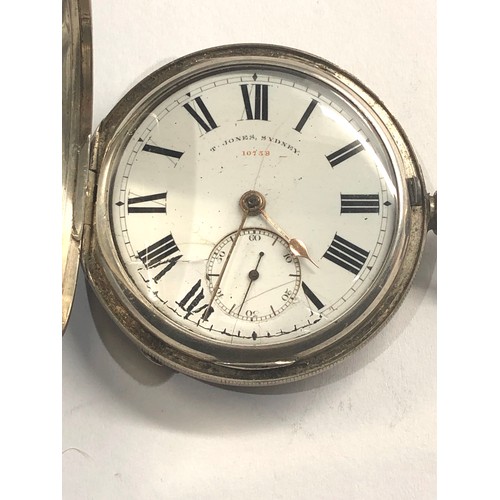 303 - Antique full hunter silver fusee pocket watch T.Jones Sydney watch winds and ticks but no warranty g... 