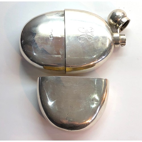 54 - Antique London silver hip flask engraved initials age related marks and scratches rubbed hallmark me... 