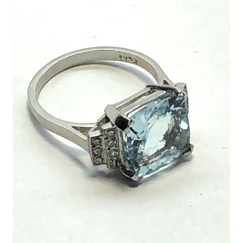 211 - Fine platinum diamond and aquamarine ring central aquamarine measure approx 10mm by 10mm set with di... 