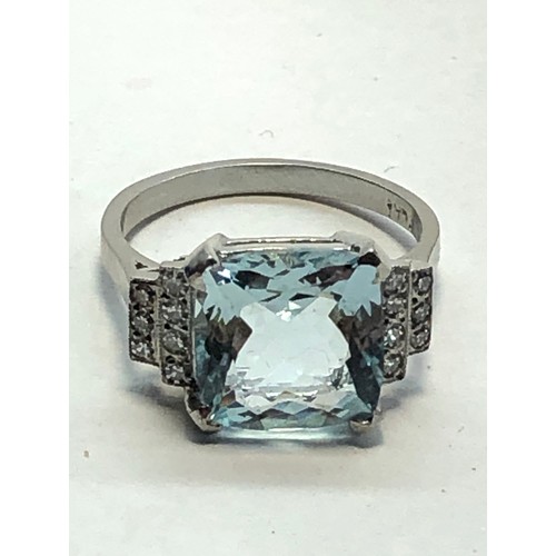 211 - Fine platinum diamond and aquamarine ring central aquamarine measure approx 10mm by 10mm set with di... 