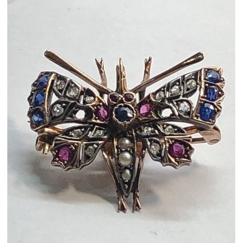 212 - rose diamond ruby and  sapphire butterfly detachable pin pendant / brooch  gold back silver front me... 