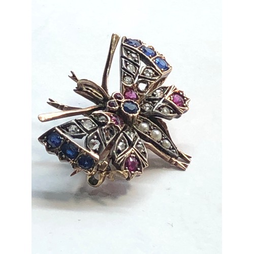 212 - rose diamond ruby and  sapphire butterfly detachable pin pendant / brooch  gold back silver front me... 