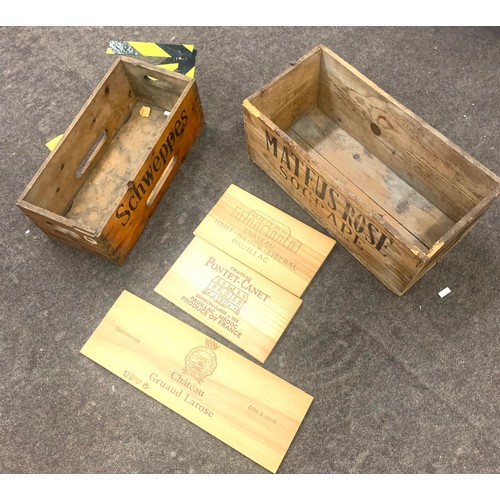 186 - Vintage wooden Schweppes and Mateus Rose boxes, plus 3 French wine box side/ends