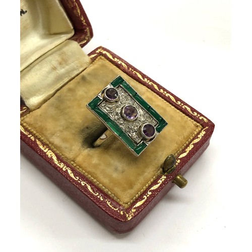 219 - Art deco style emerald diamond and amethyst ring