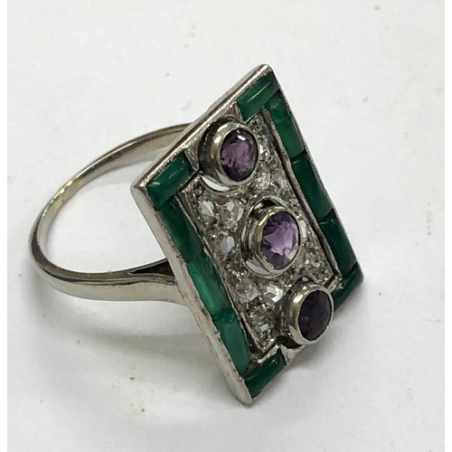 219 - Art deco style emerald diamond and amethyst ring