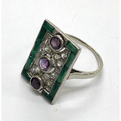 219 - Art deco style emerald diamond and amethyst ring