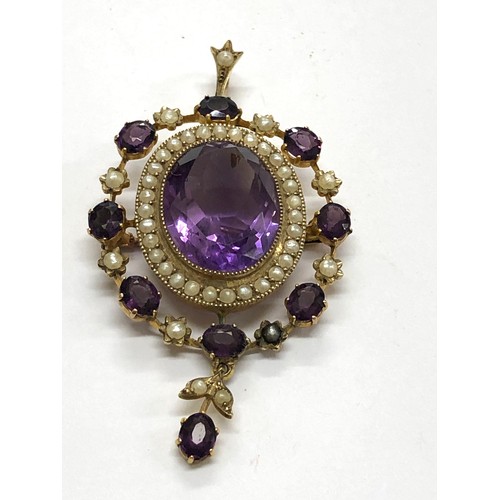 221 - Large high carat gold amethyst and pearl pendant brooch measures approx 60mm by 32mm weight 10.5g pl... 