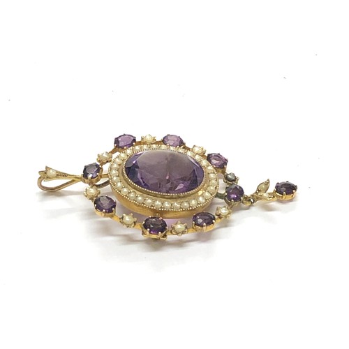 221 - Large high carat gold amethyst and pearl pendant brooch measures approx 60mm by 32mm weight 10.5g pl... 