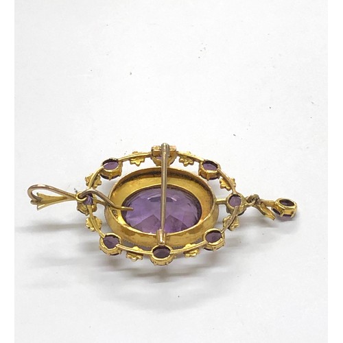 221 - Large high carat gold amethyst and pearl pendant brooch measures approx 60mm by 32mm weight 10.5g pl... 