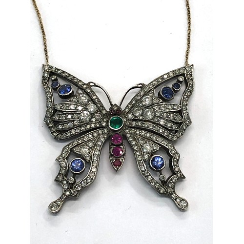 223 - Large diamond emerald ruby and sapphire butterfly necklace gold back silver front measures approx 45... 