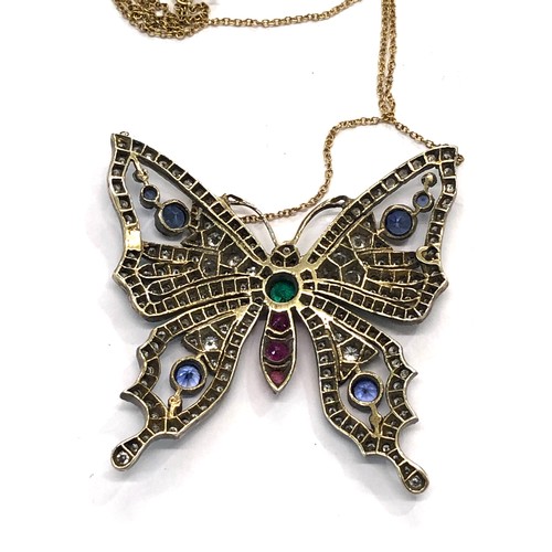 223 - Large diamond emerald ruby and sapphire butterfly necklace gold back silver front measures approx 45... 