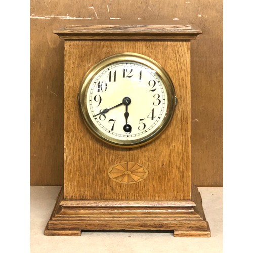 385 - Small antique inlaid oak clock will tick when shaken but stops no warranty given measures approx 24c... 