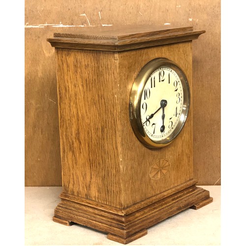 385 - Small antique inlaid oak clock will tick when shaken but stops no warranty given measures approx 24c... 